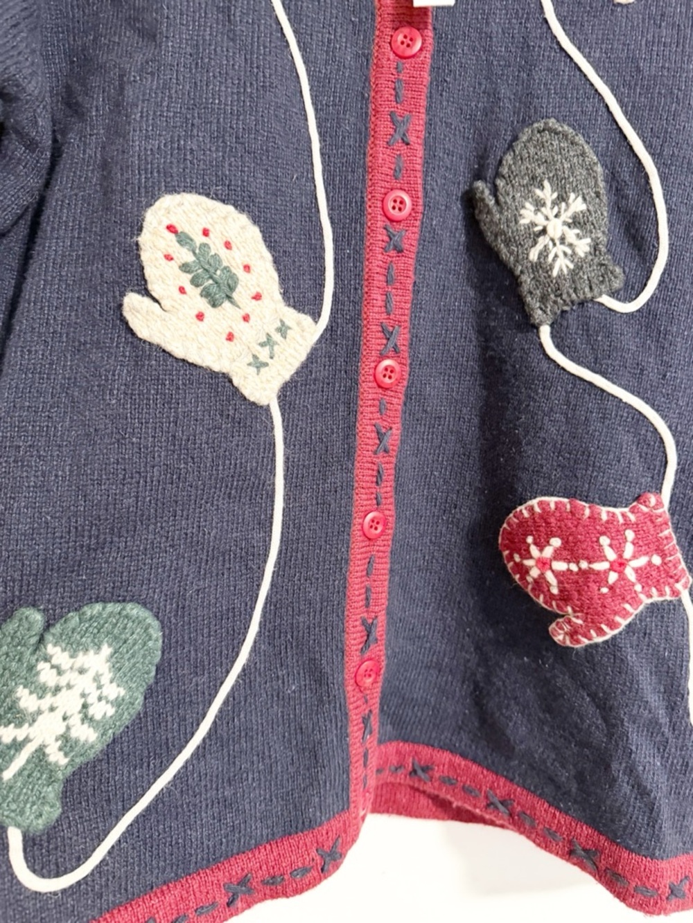 Vintage Stitches in Time Embroidered Mitten Cardigan Sweater Navy Red M - Picture 6 of 7